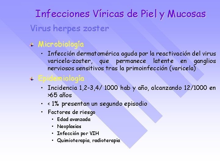 Infecciones Víricas de Piel y Mucosas Virus herpes zoster Microbiología • Infección dermatomérica aguda