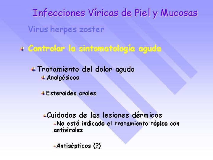Infecciones Víricas de Piel y Mucosas Virus herpes zoster Controlar la sintomatología aguda Tratamiento