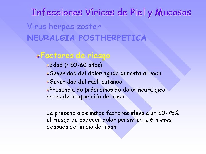 Infecciones Víricas de Piel y Mucosas Virus herpes zoster NEURALGIA POSTHERPETICA Factores de riesgo