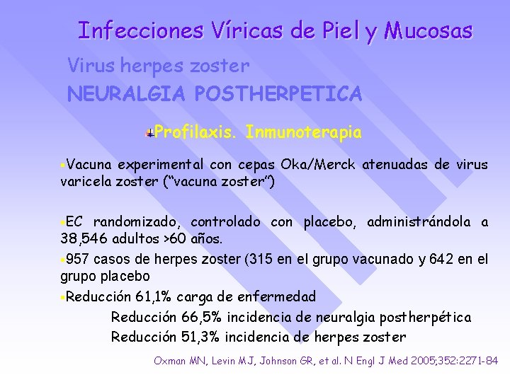 Infecciones Víricas de Piel y Mucosas Virus herpes zoster NEURALGIA POSTHERPETICA Profilaxis. Inmunoterapia Vacuna
