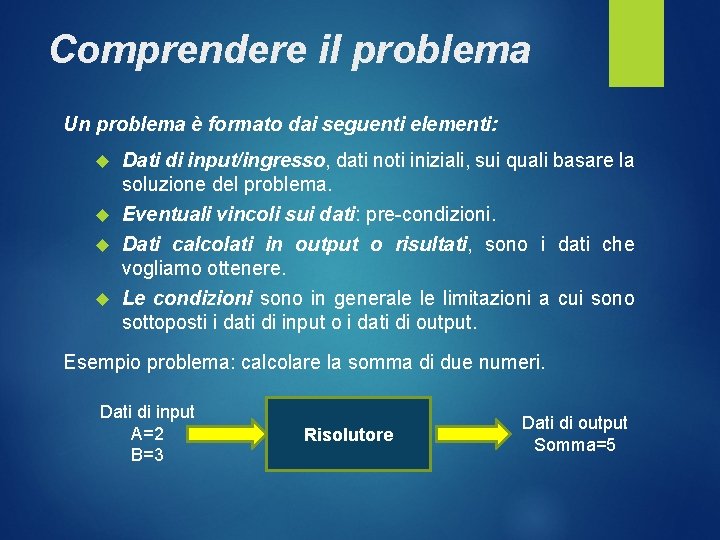 Comprendere il problema Un problema è formato dai seguenti elementi: Dati di input/ingresso, dati