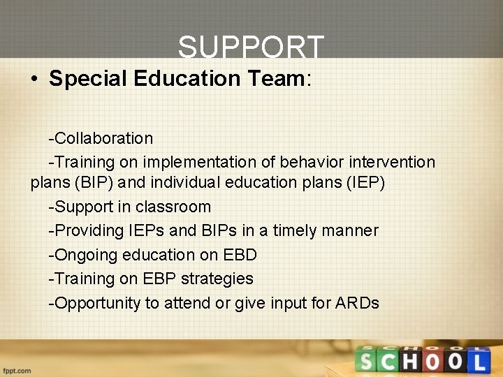SUPPORT • Special Education Team: -Collaboration -Training on implementation of behavior intervention plans (BIP)