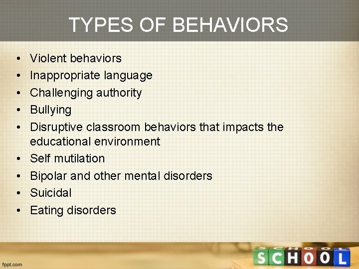TYPES OF BEHAVIORS • • • Violent behaviors Inappropriate language Challenging authority Bullying Disruptive