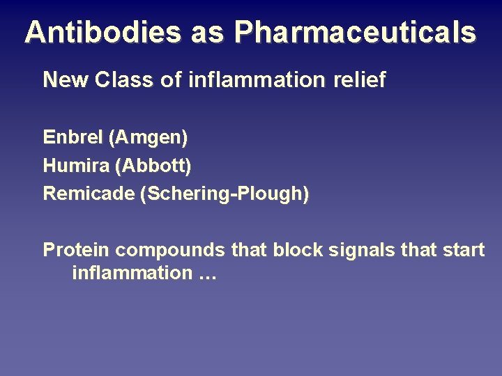 Antibodies as Pharmaceuticals New Class of inflammation relief Enbrel (Amgen) Humira (Abbott) Remicade (Schering-Plough)