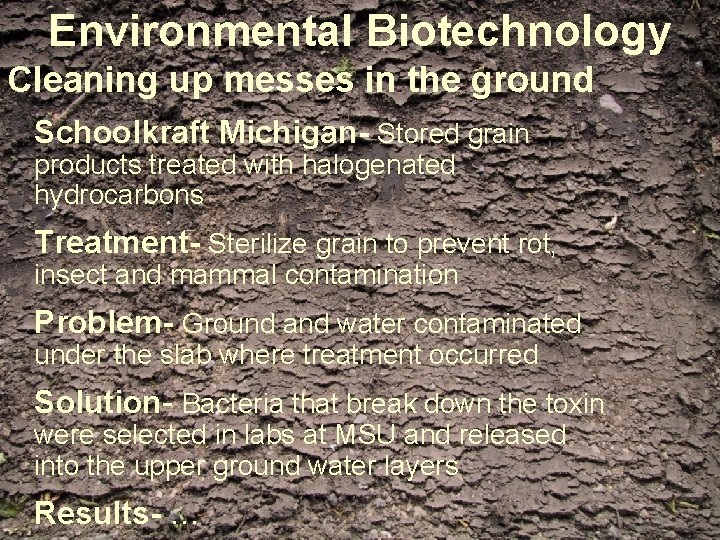 Environmental Biotechnology Cleaning up messes in the ground Schoolkraft Michigan- Stored grain products treated