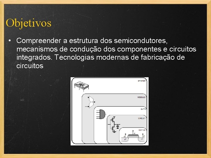 Objetivos • Compreender a estrutura dos semicondutores, mecanismos de condução dos componentes e circuitos