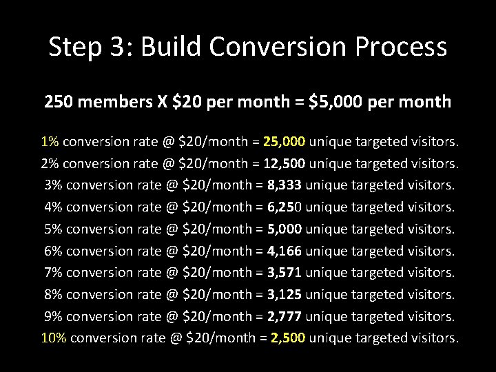 Step 3: Build Conversion Process 250 members X $20 per month = $5, 000