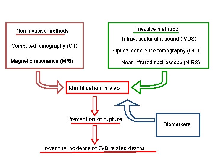 Invasive methods Non invasive methods Intravascular ultrasound (IVUS) Computed tomography (CT) Optical coherence tomography