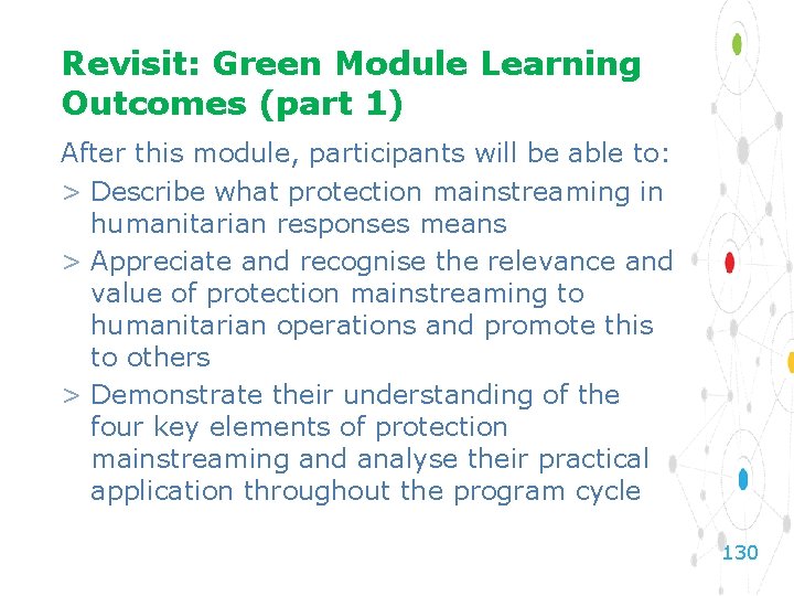 Revisit: Green Module Learning Outcomes (part 1) After this module, participants will be able
