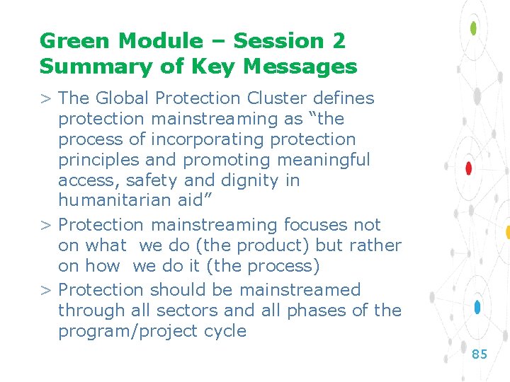 Green Module – Session 2 Summary of Key Messages > The Global Protection Cluster