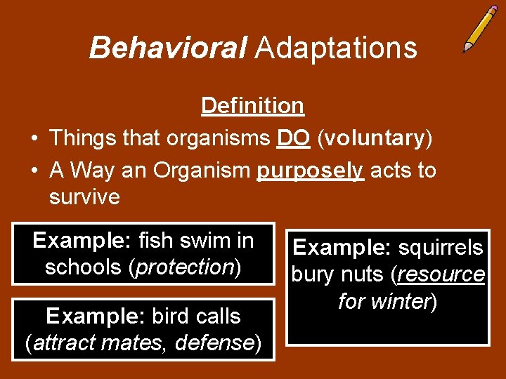Behavioral Adaptations Definition • Things that organisms DO (voluntary) • A Way an Organism