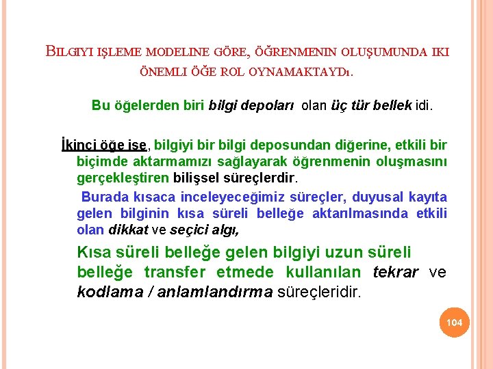 BILGIYI IŞLEME MODELINE GÖRE, ÖĞRENMENIN OLUŞUMUNDA IKI ÖNEMLI ÖĞE ROL OYNAMAKTAYDı. Bu öğelerden biri