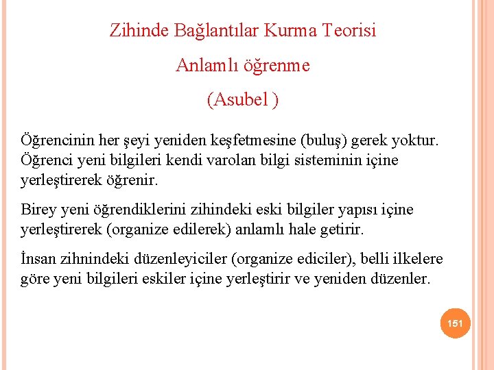 Zihinde Bağlantılar Kurma Teorisi Anlamlı öğrenme (Asubel ) Öğrencinin her şeyi yeniden keşfetmesine (buluş)