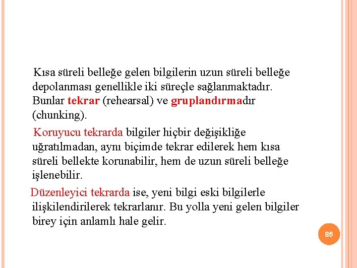  Kısa süreli belleğe gelen bilgilerin uzun süreli belleğe depolanması genellikle iki süreçle sağlanmaktadır.