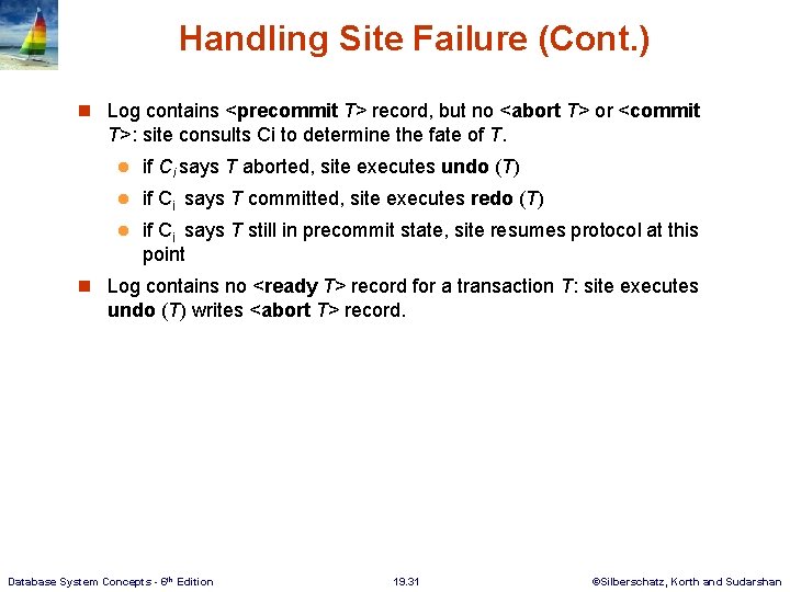 Handling Site Failure (Cont. ) n Log contains <precommit T> record, but no <abort