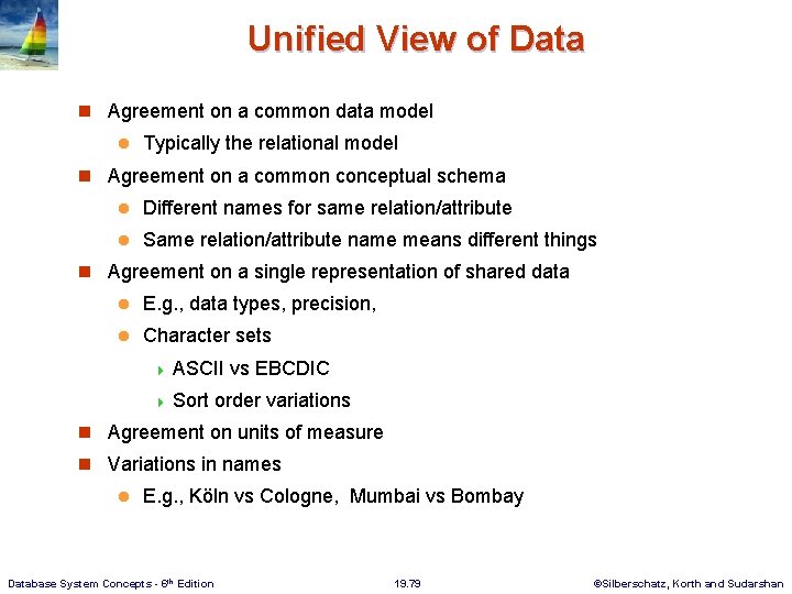 Unified View of Data n Agreement on a common data model l Typically the