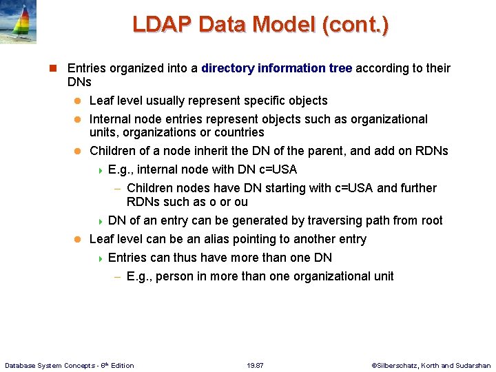 LDAP Data Model (cont. ) n Entries organized into a directory information tree according