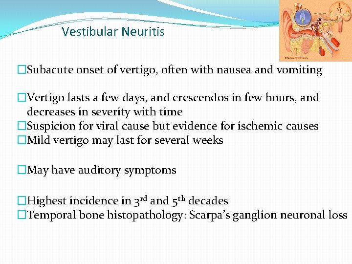 Vestibular Neuritis �Subacute onset of vertigo, often with nausea and vomiting �Vertigo lasts a