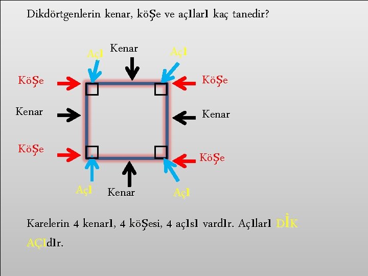 Dikdörtgenlerin kenar, köşe ve açıları kaç tanedir? Köşe Açı Kenar Açı Köşe Kenar Köşe