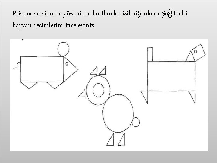 Prizma ve silindir yüzleri kullanılarak çizilmiş olan aşağıdaki hayvan resimlerini inceleyiniz. 