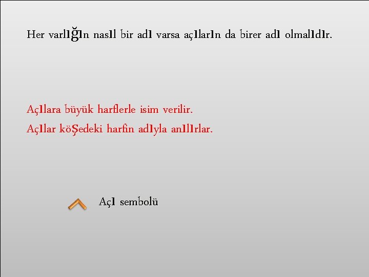 Her varlığın nasıl bir adı varsa açıların da birer adı olmalıdır. Açılara büyük harflerle