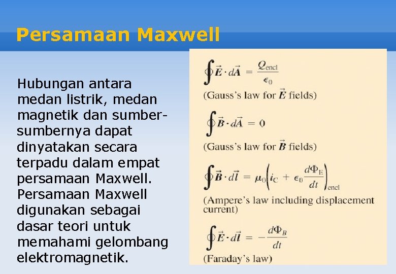 Persamaan Maxwell Hubungan antara medan listrik, medan magnetik dan sumbernya dapat dinyatakan secara terpadu