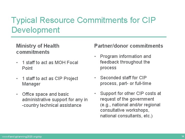 Typical Resource Commitments for CIP Development Ministry of Health commitments Partner/donor commitments • 1