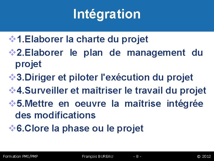 Intégration 1. Elaborer la charte du projet 2. Elaborer le plan de management du