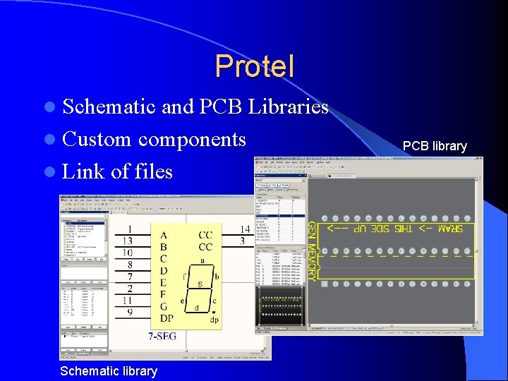 Protel l Schematic and PCB Libraries l Custom components l Link of files Schematic