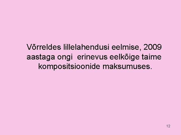 Võrreldes lillelahendusi eelmise, 2009 aastaga ongi erinevus eelkõige taime kompositsioonide maksumuses. 12 