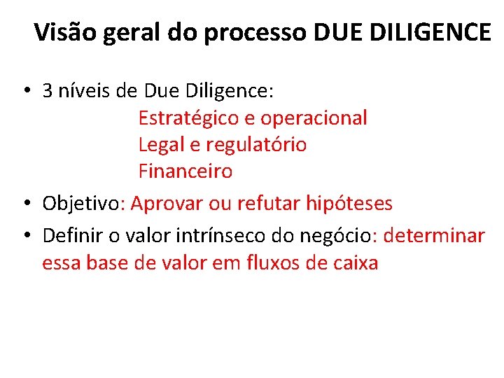 Visão geral do processo DUE DILIGENCE • 3 níveis de Due Diligence: Estratégico e