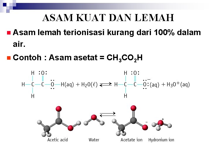 ASAM KUAT DAN LEMAH n Asam lemah terionisasi kurang dari 100% dalam air. n