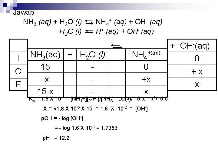 Jawab : NH 3 (aq) + H 2 O (l) I C E NH