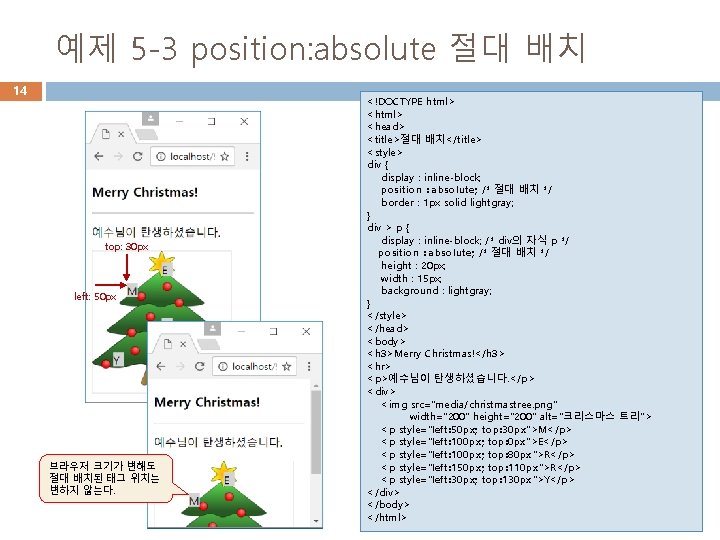 예제 5 -3 position: absolute 절대 배치 14 top: 30 px left: 50 px