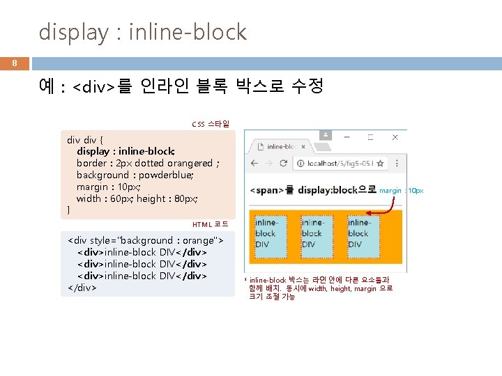 display : inline-block 8 예 : <div>를 인라인 블록 박스로 수정 CSS 스타일 div