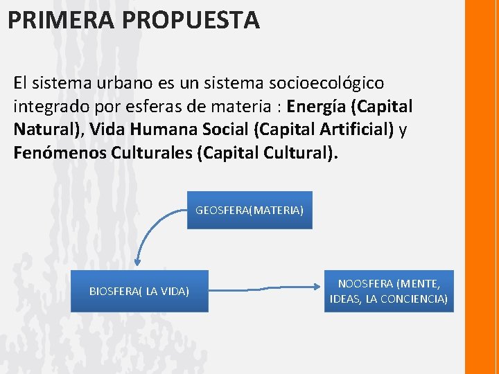 PRIMERA PROPUESTA El sistema urbano es un sistema socioecológico integrado por esferas de materia