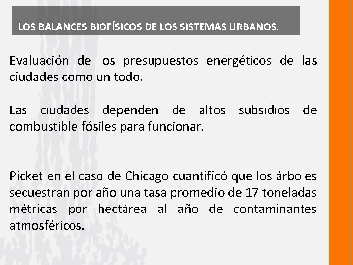 LOS BALANCES BIOFÍSICOS DE LOS SISTEMAS URBANOS. Evaluación de los presupuestos energéticos de las