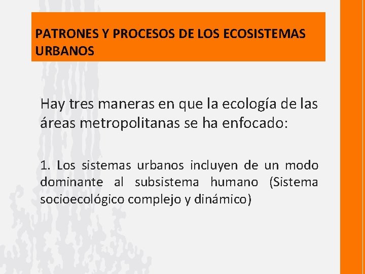 PATRONES Y PROCESOS DE LOS ECOSISTEMAS URBANOS Hay tres maneras en que la ecología