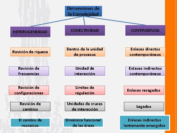 Dimensiones de la Complejidad HETEROGENEIDAD CONECTIVIDAD CONTINGENCIA Revisión de riqueza Dentro de la unidad