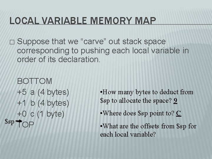 LOCAL VARIABLE MEMORY MAP � Suppose that we “carve” out stack space corresponding to LOCAL VARIABLE MEMORY MAP � Suppose that we “carve” out stack space corresponding to