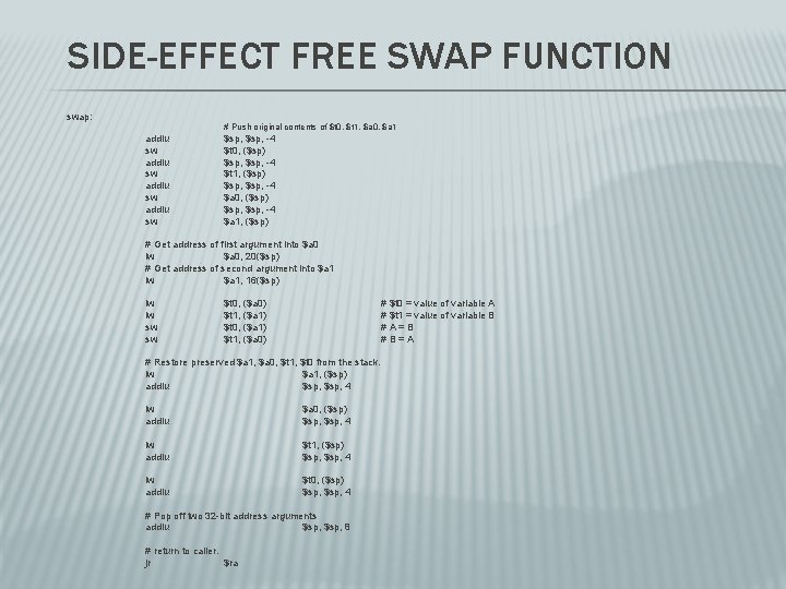 SIDE-EFFECT FREE SWAP FUNCTION swap: # Push original contents of $t 0, $t 1, SIDE-EFFECT FREE SWAP FUNCTION swap: # Push original contents of $t 0, $t 1,