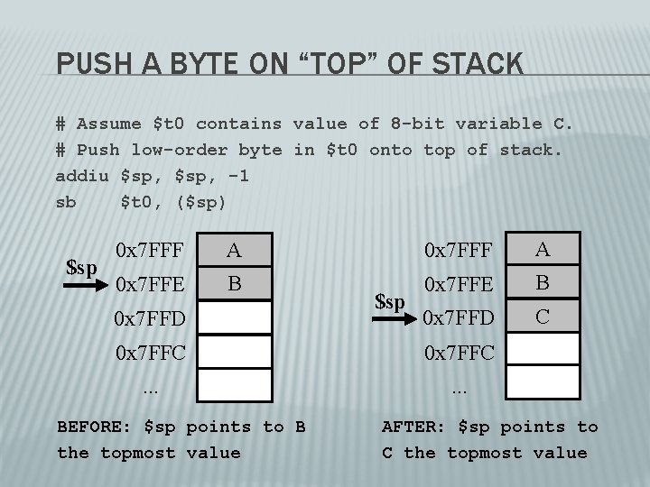 PUSH A BYTE ON “TOP” OF STACK # Assume $t 0 contains value of