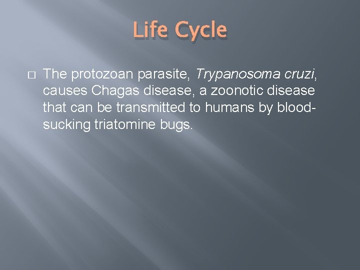 Life Cycle � The protozoan parasite, Trypanosoma cruzi, causes Chagas disease, a zoonotic disease