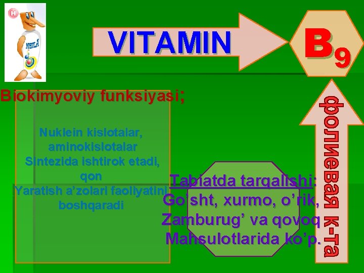 VITAMIN B 9 Biokimyoviy funksiyasi; Nuklein kislotalar, aminokislotalar Sintezida ishtirok etadi, qon Tabiatda tarqalishi: