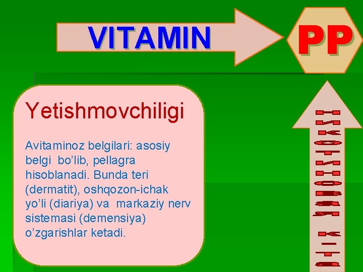 VITAMIN Yetishmovchiligi Avitaminoz belgilari: asosiy belgi bo’lib, pellagra hisoblanadi. Bunda teri (dermatit), oshqozon-ichak yo’li
