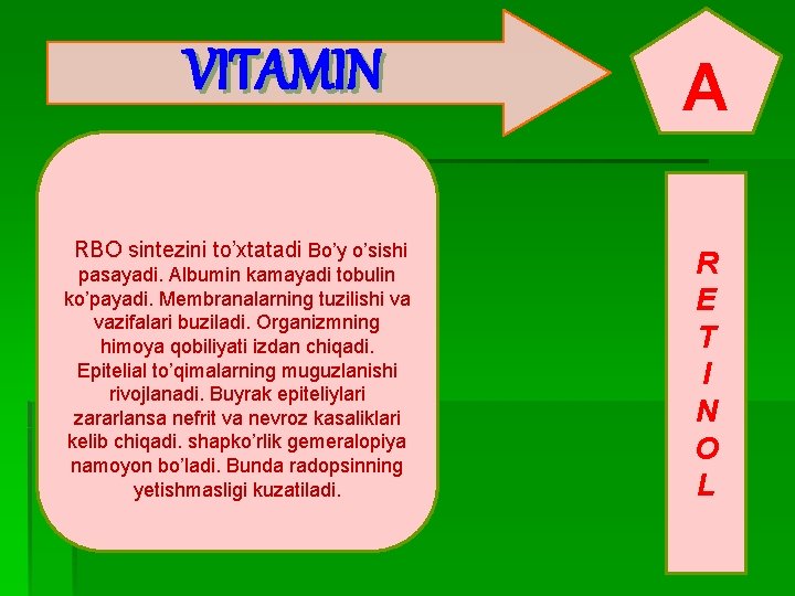 VITAMIN RBO sintezini to’xtatadi Bo’y o’sishi pasayadi. Albumin kamayadi tobulin ko’payadi. Membranalarning tuzilishi va