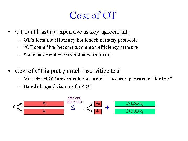 Cost of OT • OT is at least as expensive as key-agreement. – OT’s