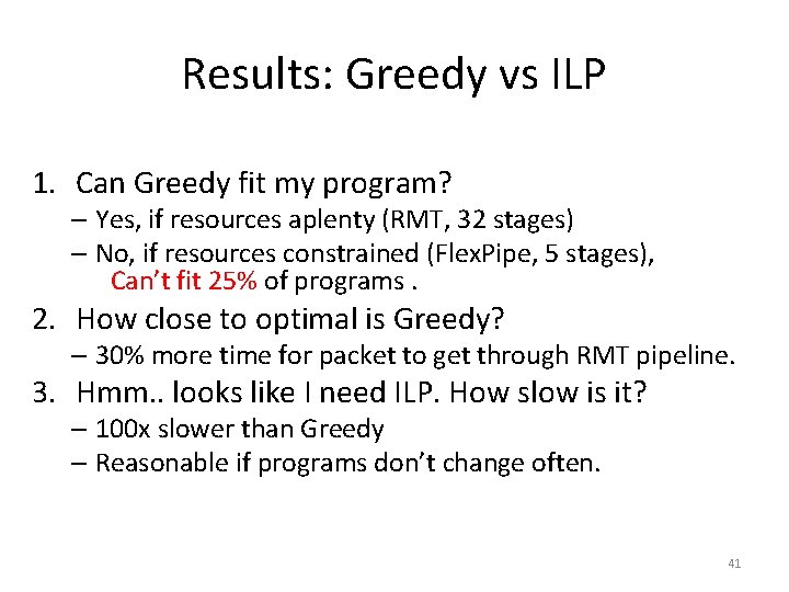 Results: Greedy vs ILP 1. Can Greedy fit my program? – Yes, if resources