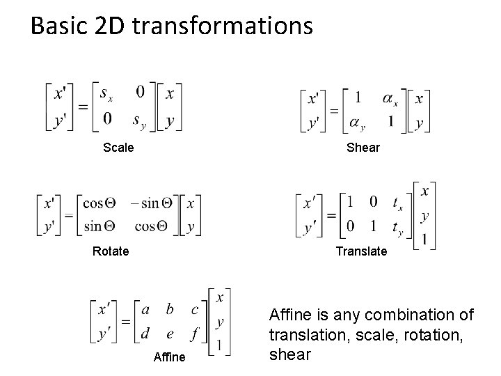 Basic 2 D transformations Scale Shear Rotate Translate Affine is any combination of translation,