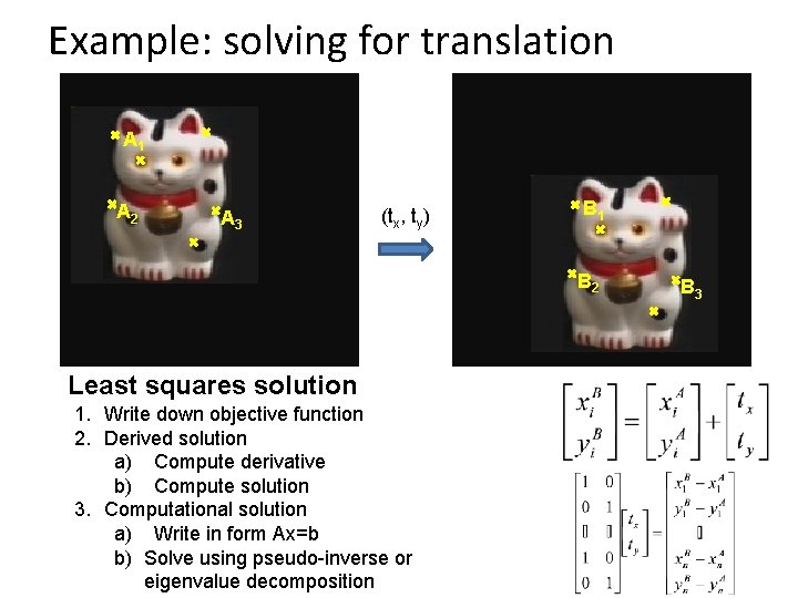 Example: solving for translation A 1 A 2 A 3 (tx, ty) B 1